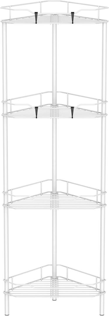 4 Tier Floor Standing Corner Shower Caddy Organizer Shelf with Hooks, Bathroom Shelves Stand Rack, White