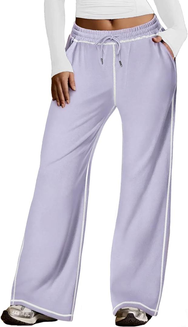 Sweetmoon Wide Leg Sweatpants Women Baggy Women's Tall Straight High Waisted Lounge Pants Workout Loose Lightweight Pockets (Purple, L)