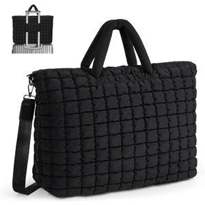 Quilted Duffle Bag for Travel, Large Puffer Duffel Weekender Bags Soft Gym Tote, Big Puffy Carry on Luggage Overnight (Black)