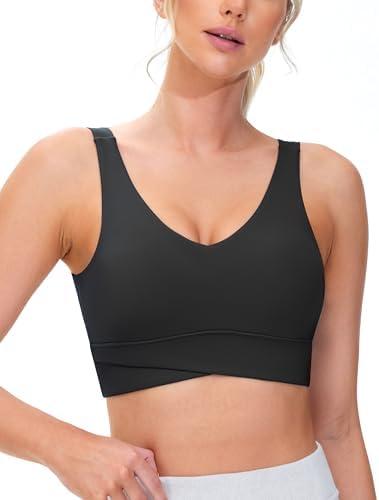 THE GYM PEOPLE Women's Padded Sports Bra V-Neck Wireless Stretchy Workout Crop Tops with Cross Hem Soft Yoga Bras, S