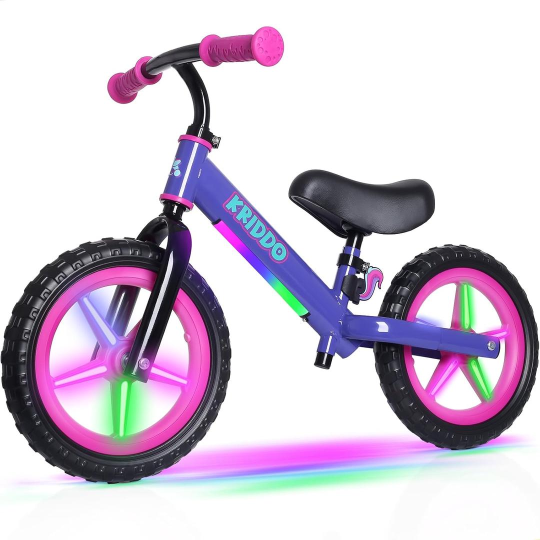 KRIDDO Toddler Balance Bike 2 Year Old, Kids Balance Bike for 2-5 Years Old, Dual Bearing for Smoother Riding, Adorable Plate, Adjustable Seat and Handlebar, Toddler Bike Gifts Age 2-3, LED-Purple