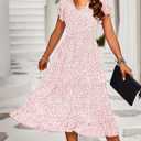 BTFBM Women Casual Summer Short Ruffles Tiered Sleeve Smocked Midi Dresses Bohemian Floral V Neck Wedding Guest Long Dresses (Pink, M)