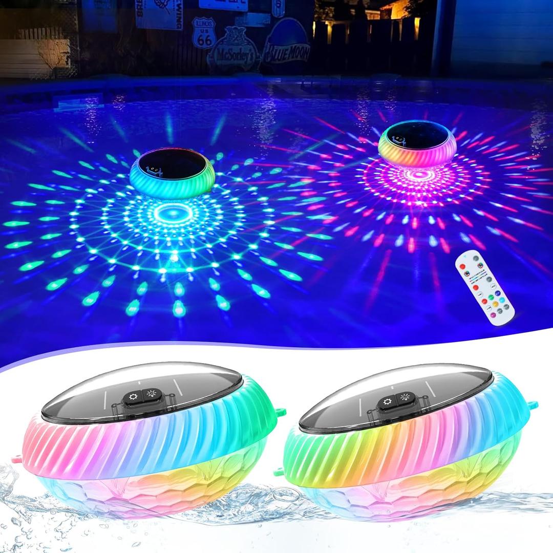 Floating Pool Lights Solar Powered, 7.6 Inch RGB Upper& Lower Color Changing Solar Pool Lights that Float with Dynamic Lighting Effects, IP68 Waterproof Swimming Pools Light for Party Decor(2) (White)