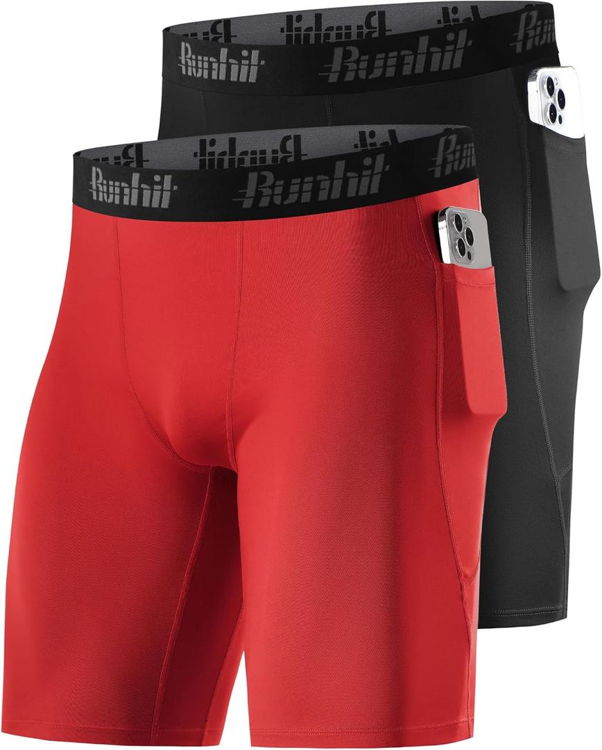Runhit 2 Pack Mens Compression Shorts with Pockets 9" Performance Spandex Underwear Sport Athletic Workout Running Base Layer (S)