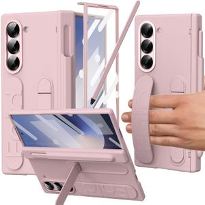 for Samsung Galaxy Z Fold 6 Case with Finger Strap, S Pen Holder & Stylus, Z Fold 6 Kickstand Case with Hand Strap, Hinge Protection, Screen Protector, Pink