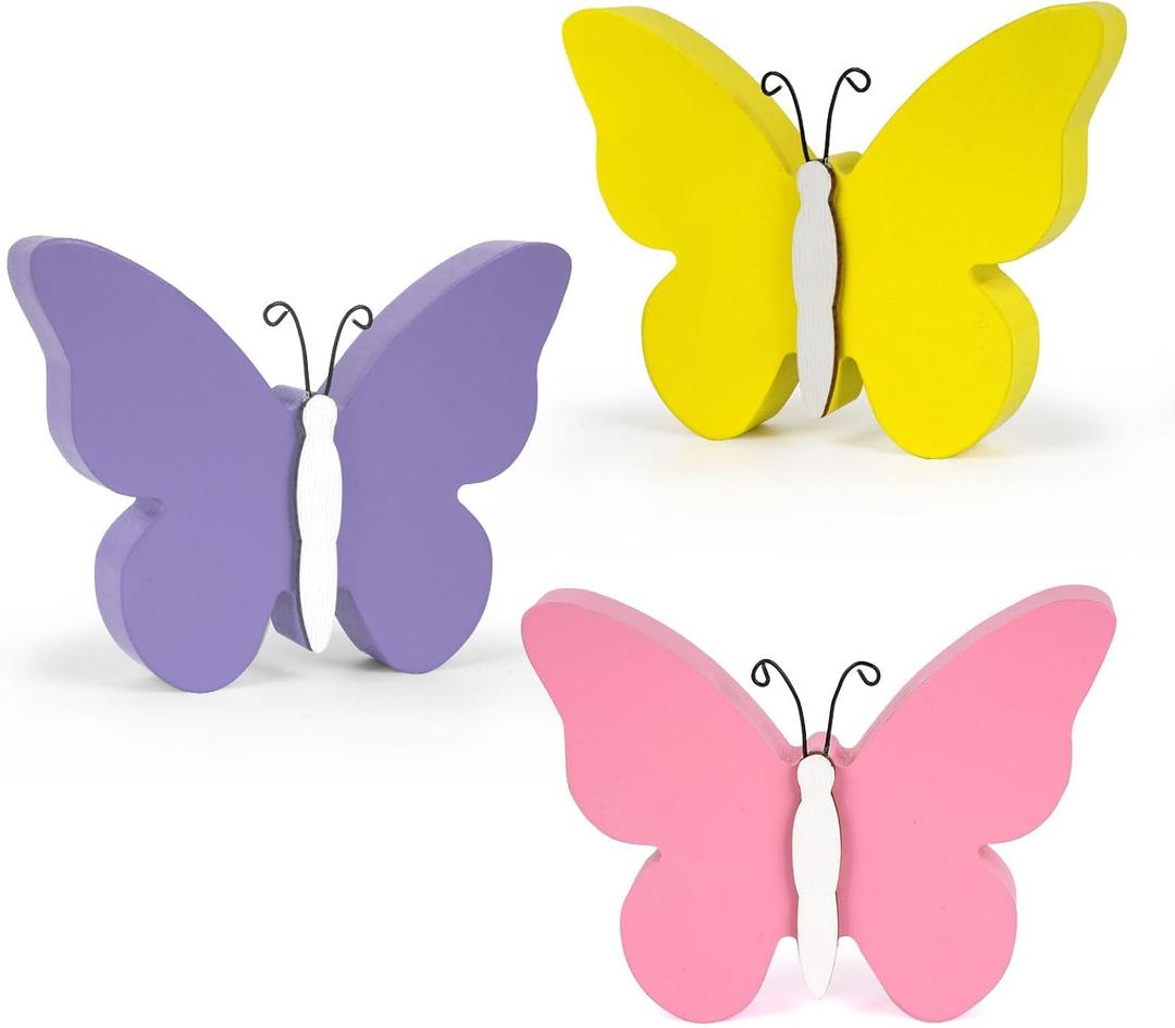 3Pcs Spring Butterfly Decorations for Home, Rustic Wooden Butterfly Decorative Accessories Spring Table Centerpiece Tiered Tray Decor
