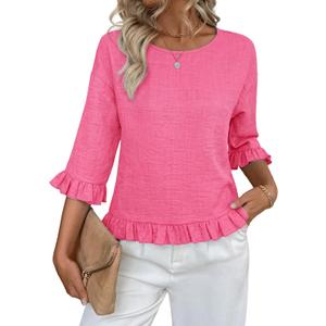 siliteelon Womens 3/4 Sleeve Tops Summer Tshirts Ruffle Flowy Crew Neck Dressy Casual Blouses 2026 Trendy Cute Work Outfits, M