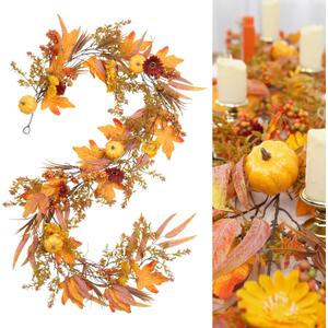 Fall Garland, 6.56FT Fall Artificial Berries Pumpkin Maple Leaf Garland Decor, for Home Autumn Harvest Thanksgiving Fireplace Door Frame Porch Indoor/Outdoor Holiday Party Decorations.