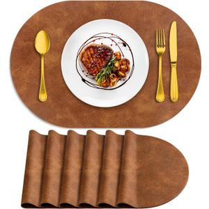 ADRIMER Placemats, Heat Resistant Oval Placemats Set of 6 Washable 12 x 17 Inch, Waterproof Table Mats, Wipeable Pu Place Mats for Kitchen, Dining Room, Turmeric Brown