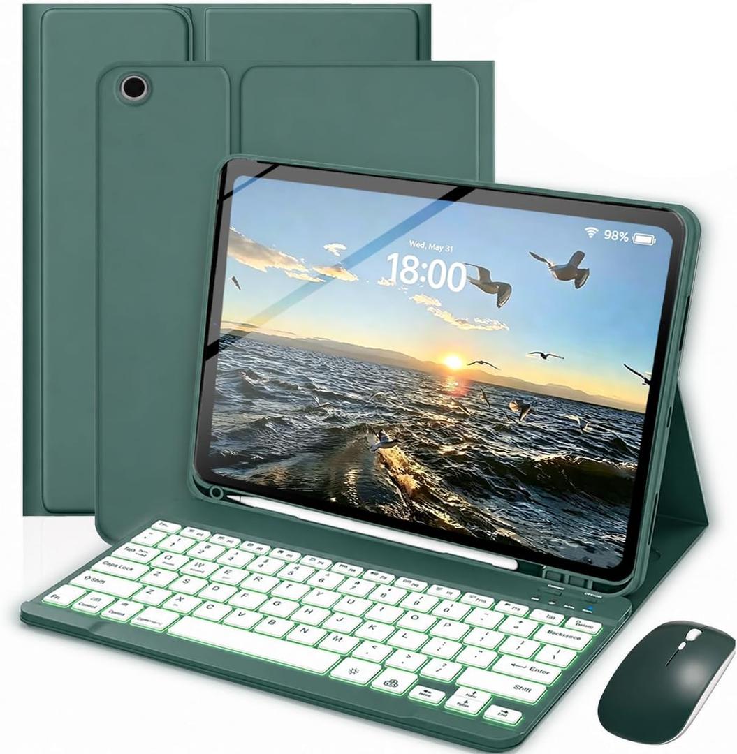Keyboard Case for Samsung Galaxy Tab A11+ Plus / A9+ Plus 11 Inch, Mouse and 7 Colors Backlit Detachable Keyboard, Adjustable Stand Built in Pencil Holder, Auto-Sleep/Wake Feature, Dark Green