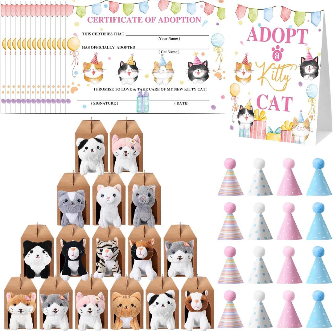 65 Pcs Adopt a Cat Party Favors, 16 Stuffed Cat Animals 16 Boxes 16 Cute Birthday Hats 16 Adoption Certificate Card 1 Adoption Sign for Adopt a Pet Party Favor Supplies
