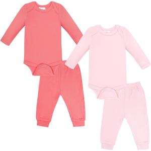 Comfort Baby Outfit Set: Soft Bodysuits and Pants Layette Set, 4-Piece Unisex Baby Clothes Gift for Boys Girls (Pink, M)