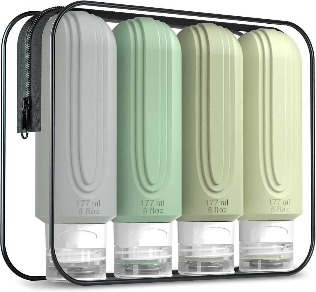 Mrsdry Travel Bottles for Toiletries, Large 6oz Oversize Containers, BPA Free Leak Proof Tubs Refillable Liquid Traveler Accessories with Toiletry Bag for Cometic Shampoo and Lotion Soap (4 Pack)