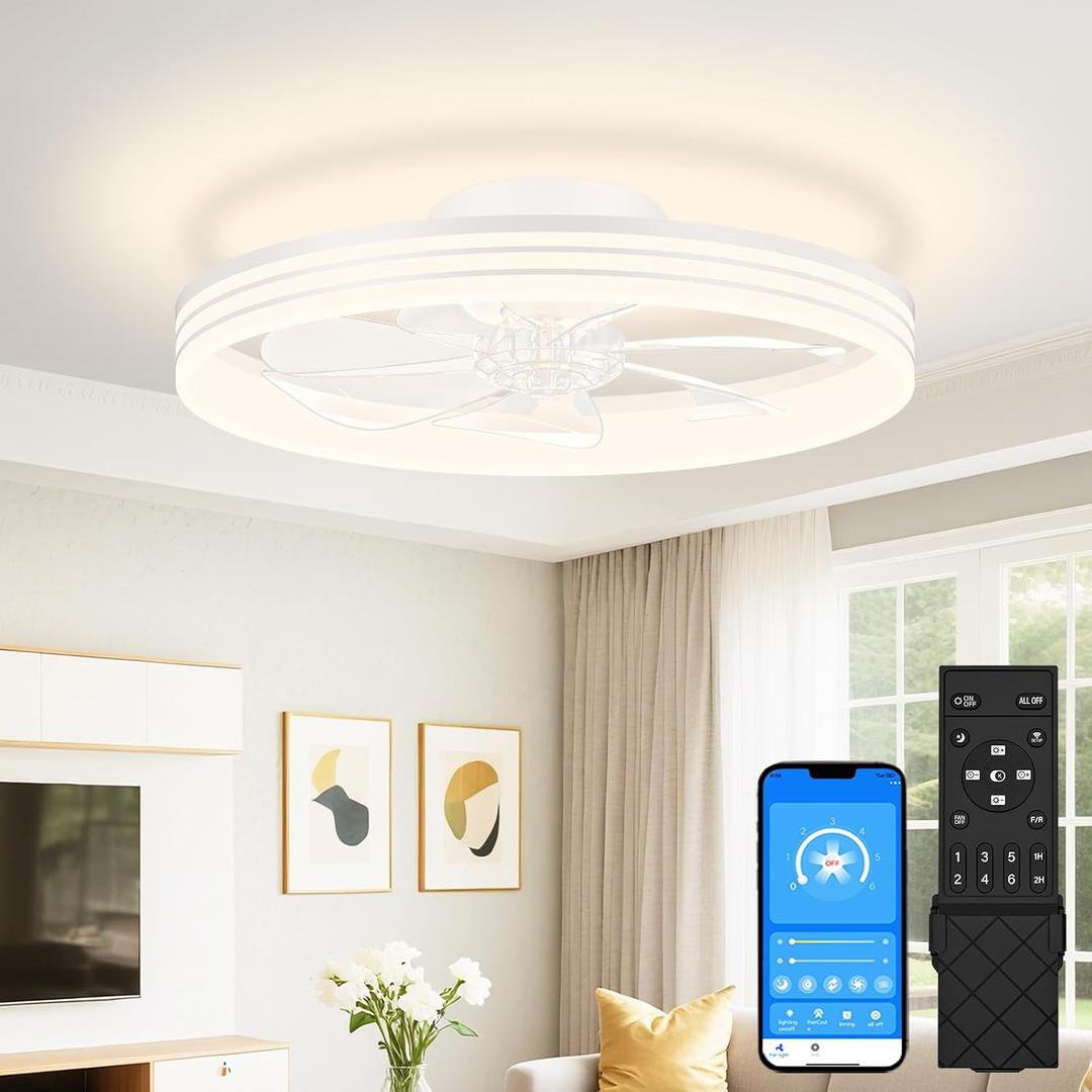VOLISUN Low Profile Ceiling Fans with Lights and Remote, No Assembly, 20in Flush Mount Ceiling Fan with Light, 3000K-6500K Dimmable Fandelier LED Fan Light, Black Bladeless Ceiling Fans for Bedroom