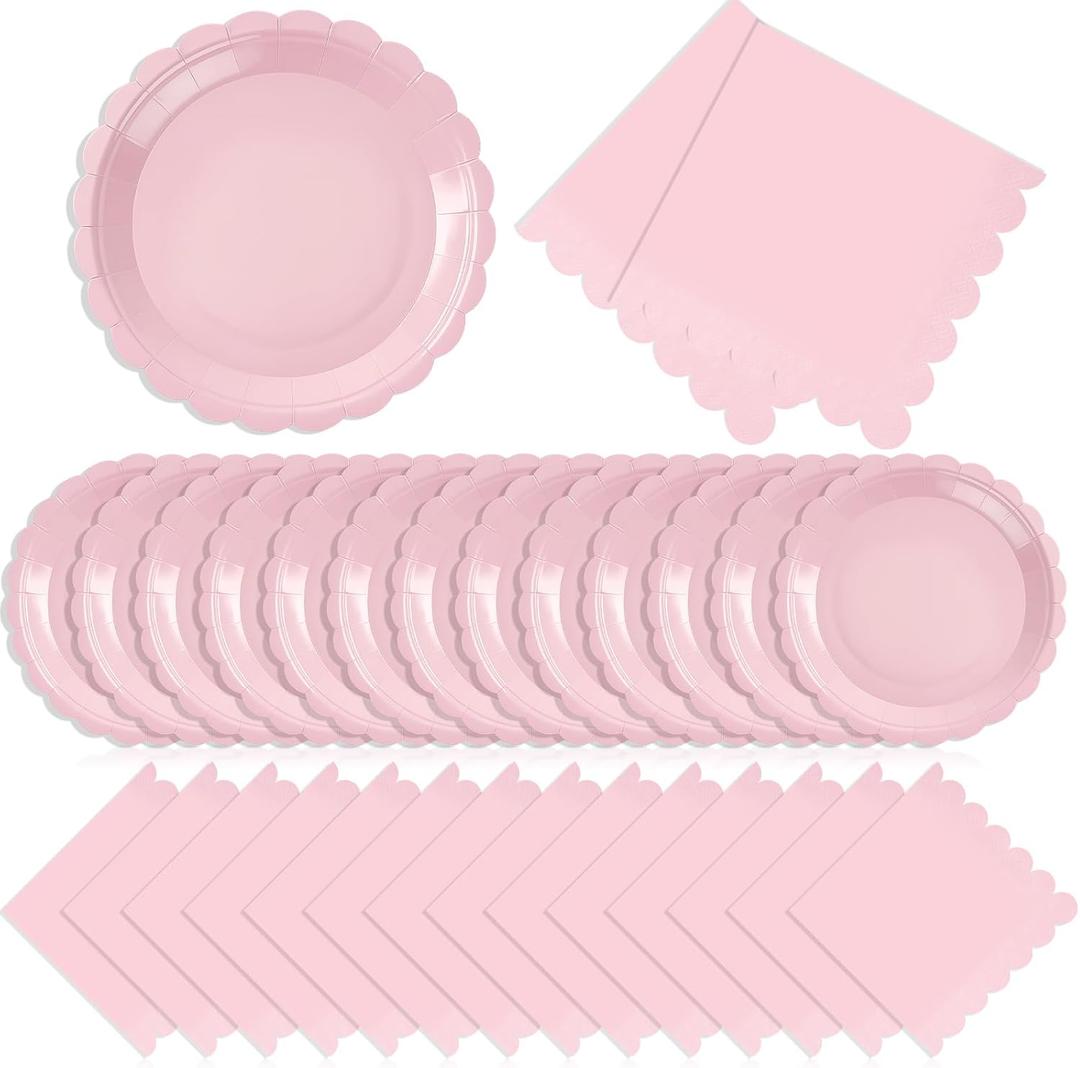 120 Pcs Pink Paper Plates and Napkins Party Supplies Bulk Disposable 7 Inch Scalloped Plates Cocktail Napkins for Wedding Bridal Baby Shower Birthday Decorations, Serve 60 Guests