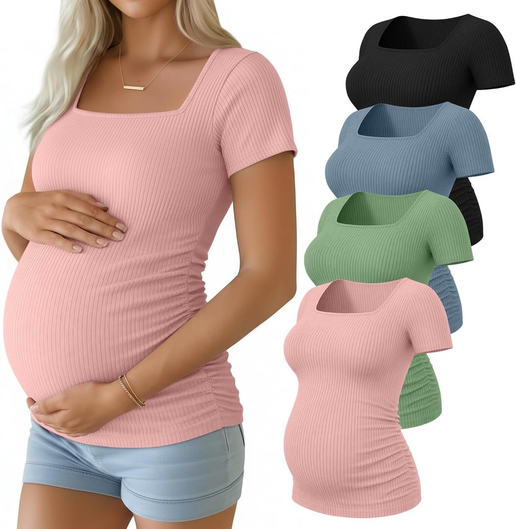 4 x Huukeay 4 Pack Women's Maternity Shirts Cotton Ribbed Short Sleeve Square Neck Pregnancy Tops Side Ruched Summer Tee (L)