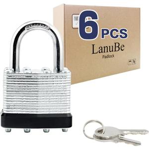 LanuBe Lock Laminated keyed Padlock (1-9/16", 40mm), keyed Alike Locks, Normal Shackle,Marked Black Plastic Hoop, Pack of 6