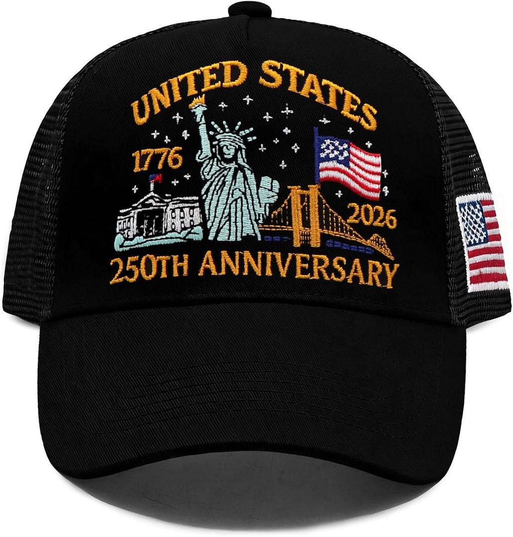 250 Anniversary USA Hat Eagle Liberty Cross Printed Pattern Adjustable Embroidered 250th Anniversary Hat Baseball Caps(Black) (Black)