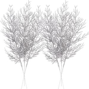 Sea Team 24-Pack Artificial Glitter Pine Tree Twig Ornaments, Decorative Sticks, Glittery Stems, Picks, Branches for Christmas Tree, Small Vase, Holiday, Wedding, Party (14 Inches, Silver)