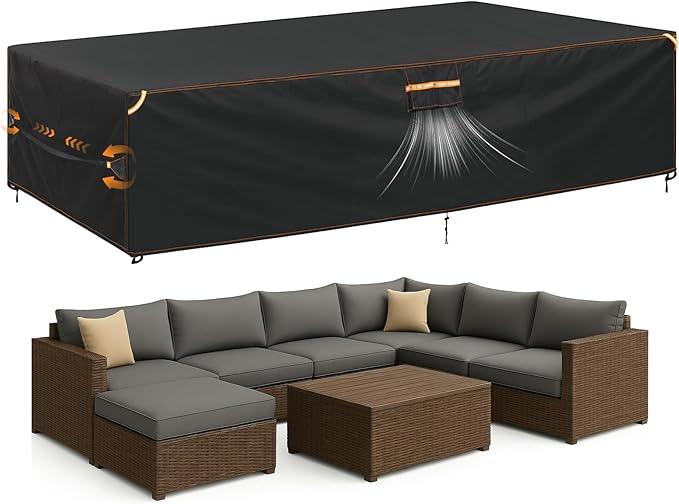 ESSORT Extra Large Weatherproof Outdoor Furniture Cover, Heavy Duty Waterproof Oxford Outdoor Dining Table Tarp Patio Set Cover with Vent for Outside Tables, Sofa, Chairs (Black, 124" x 63" x 29")