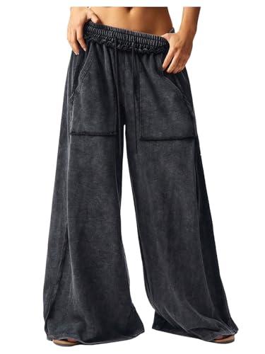 SOLY HUX Women's Wide Leg Baggy Sweatpants Acid Wash Drawstring Elastic Waist Palazzo Long Pants with Pockets Plain Black Medium