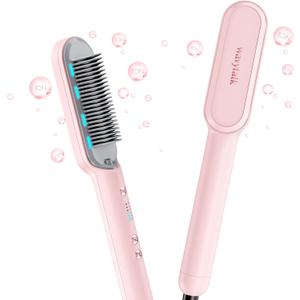wavytalk Ionic Hair Straightener Brush, Hair Straightening Comb with Negative Ions, Anti-Scald Ceramic Flat Iron Comb Fast Heating for Home Salon, Dual Voltage Pink.