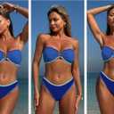 ZAFUL Women's Bandeau Bikini V Strapless Confetti Colorblock Tie Back High Cut Two Piece Swimsuit Bathing Suits (Blue, L)