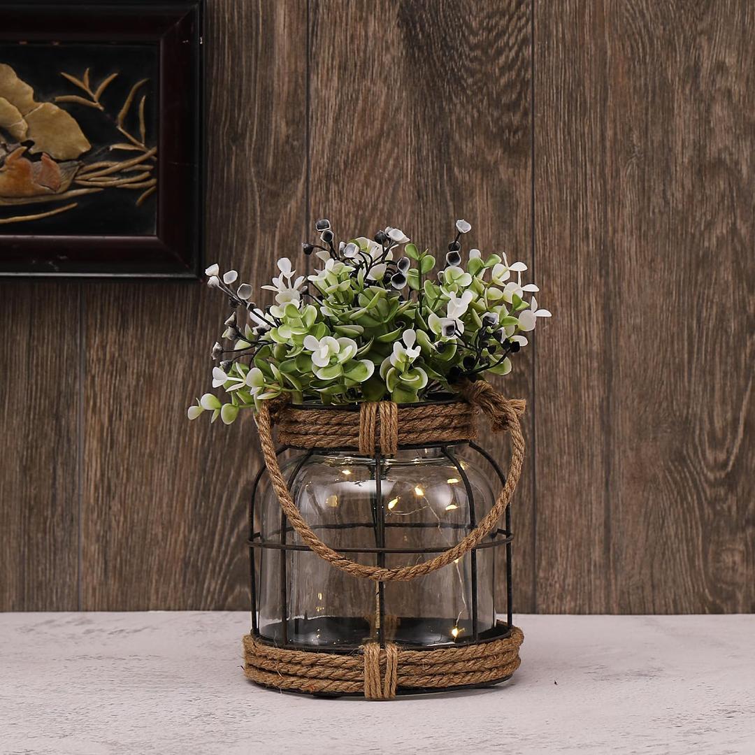 Rustic Glass Vase with Artificial Flowers, Farmhouse Decor with Lights, Vintage Glass Vase with Handles for Home Decor, Floral Arrangement, Wedding, Birthday, Housewarming Gift, (Rustic)