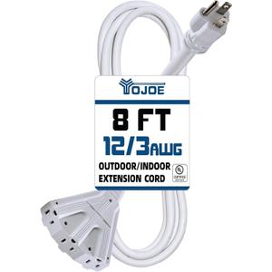 YOJOE 3-Outlets Indoor Outdoor Extension Cord, 3 Prong 15A Weatherproof Power Cord Multiple Outlets, 12 Gauge Heavy Duty 8 ft White Extension Cord for Garage, Garden, 12/3 SJTW UL Listed