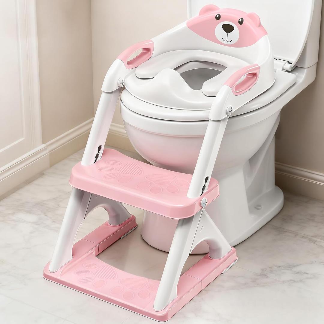 Potty Training Seat with Step Stool Ladder, Toddler Toilet Seat for Boys Girls, Adjustable 6 Heights Fits Round & Elongated Toilets, Anti-Slip Pads & Leak-Proof Guard (8899-Pink)