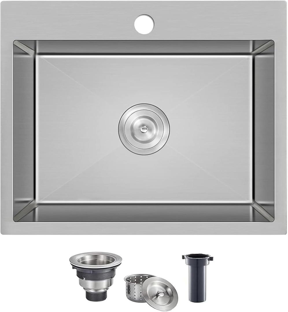 KINGO HOME 22x18 Inch Drop in Kitchen Sink,16 Gauge Topmount RV Small Kitchen Bar Sinks,Stainless Steel Outdoor Prep Single Bowl Workstation Wet Bar Sink with Stainless Steel Strainer