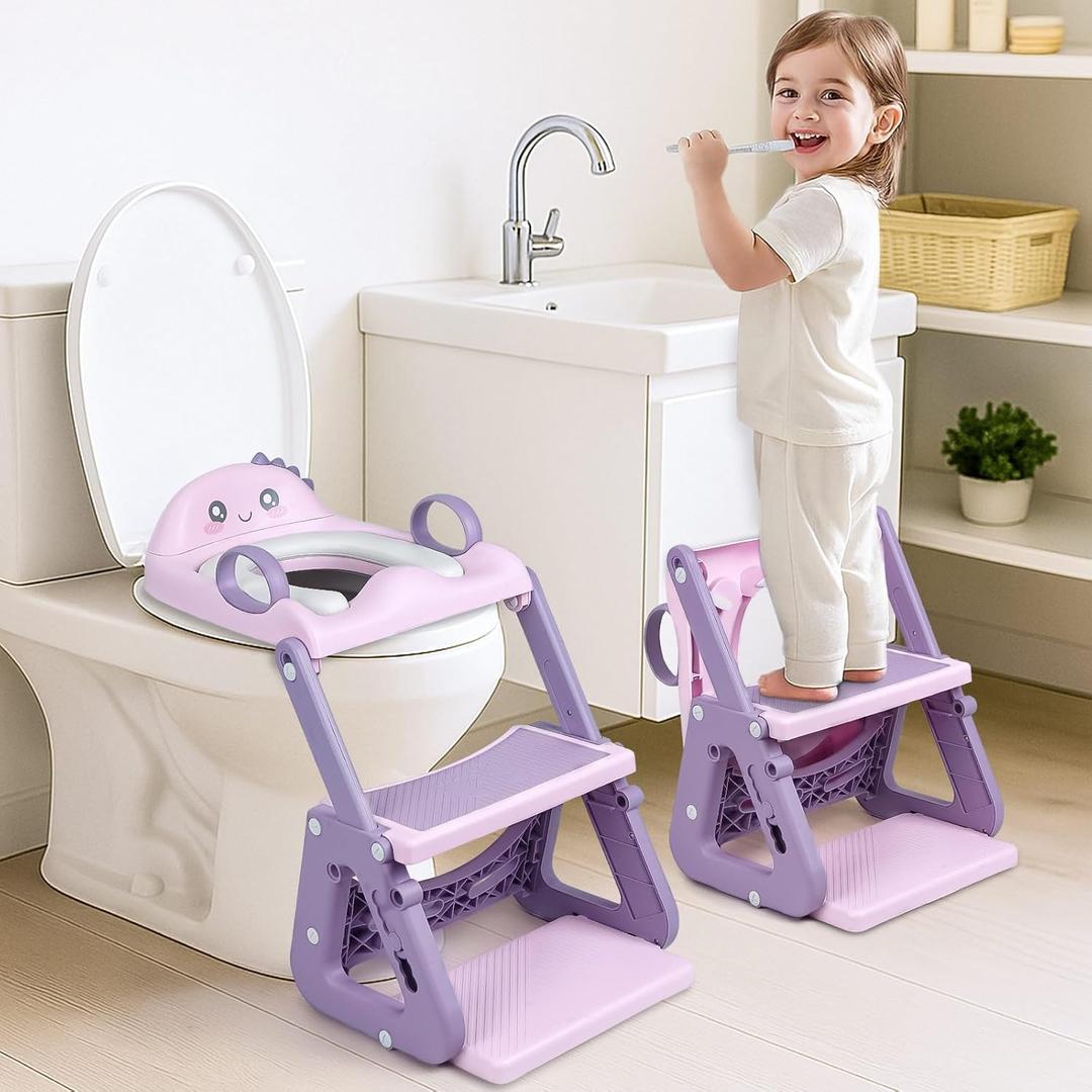 Potty Training Seat with Step Stool, 2-IN-1 Toddler Potty Training Toilet for Kid Boys Girls, Adjustable Toilet Seat for Toilet with ladder, Splash Guard, Anti-Slip Pad and Safety Handle, Pink