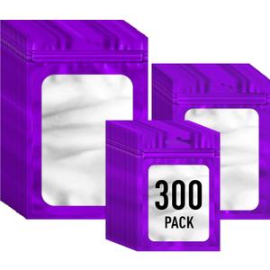 300 Pack 3 Size Mylar Packaging Bags with Front Window, Zipper Resealable Bag Smell Proof Foil Bags for Jewelry, Sample, Food Storage(Purple,3x4.7,4x6,4.7x7.9in)
