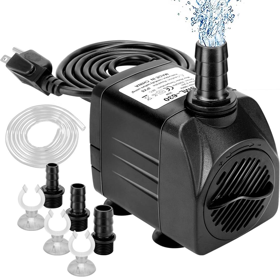 GROWNEER 550GPH Submersible Pump 30W Ultra Quiet Fountain Water Pump, 2000L/H, with 7.2ft High Lift, 3 Nozzles, 4.9 Feet Tubing for Aquarium, Fish Tank, Pond, Hydroponics, Statuary