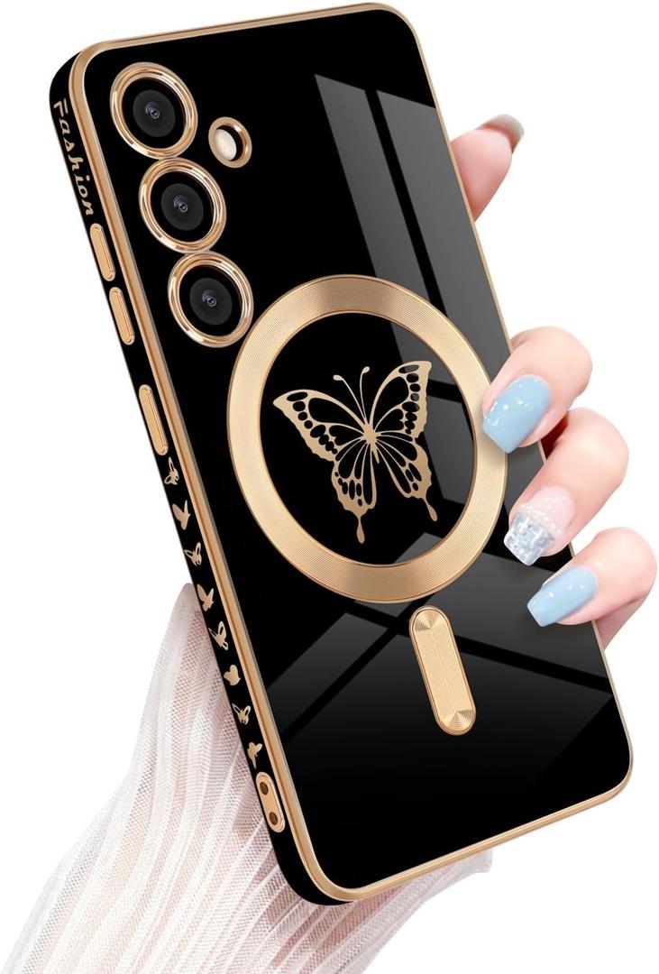 for Samsung Galaxy S24 5G Magnetic Case, Cute Butterfly Luxury Plating Edge Case for Women Girls Men Soft TPU Shockproof Full Camera Protective Cover for Samsung Galaxy S24-Black