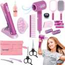 18 PCS Girls Beauty Hair Salon Toy Kit with Hairdryer, Straightener & Styling Accessories, Fashion Pretend Play Doll Stylist Set for Kids and Toddlers