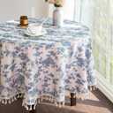 LOVOUS Linen Floral Round Tablecloth 48 Inch  Washable Vintage Blue Table Cloth for Indoor & Outdoor Dining, Restaurant, Picnic, Pastoral Table Cover Decor