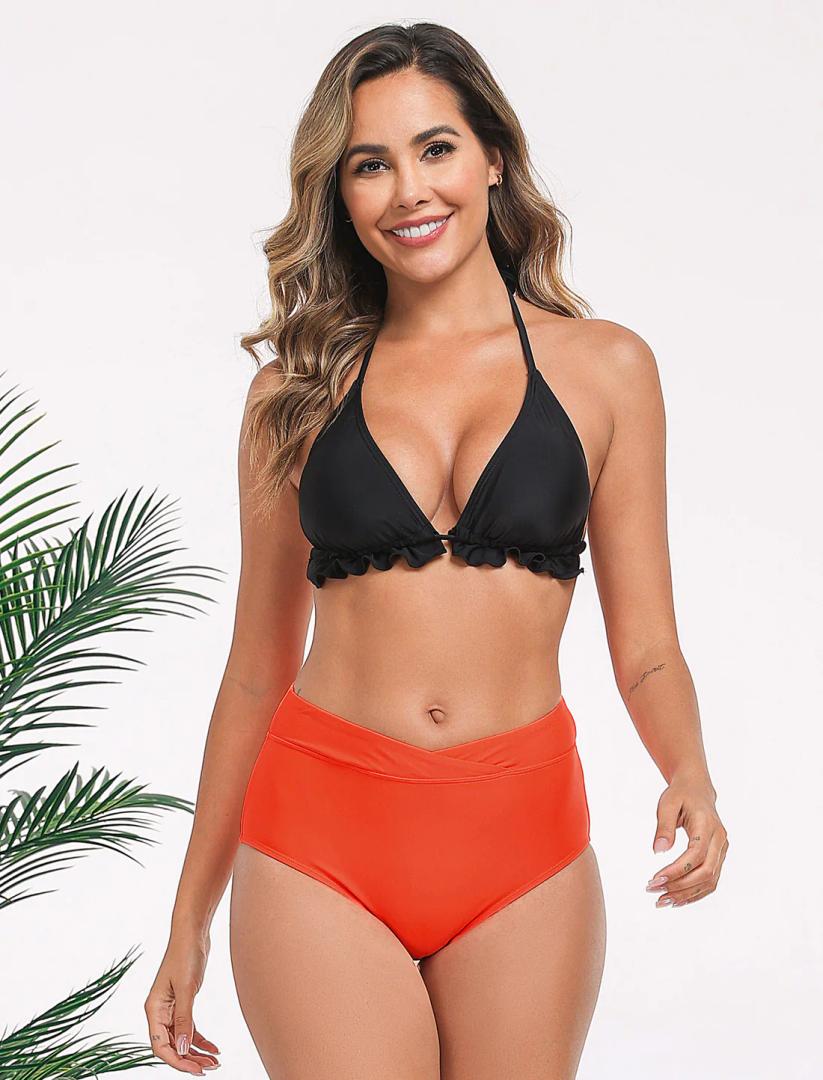 Halcurt Women's Cross Front High Waisted Bikini Swim Bottoms Full Coverage Swimsuit Bottoms Orange, Size: L