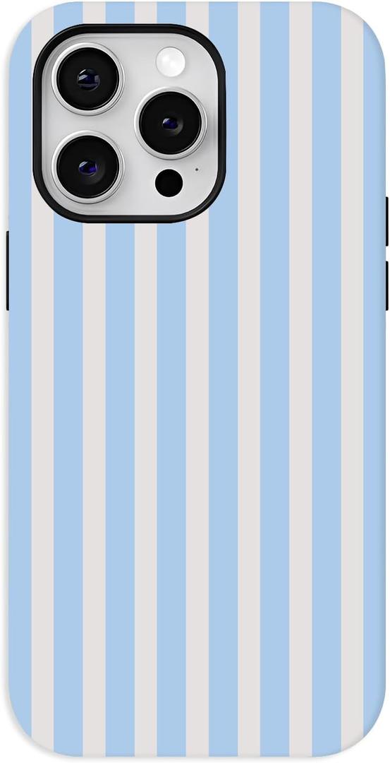 Blue Striped Phone Case,Trendy Simple Aesthetic Stripes Hybrid 2 Layer Protective Case for iPhone 14 Pro Max,Blue