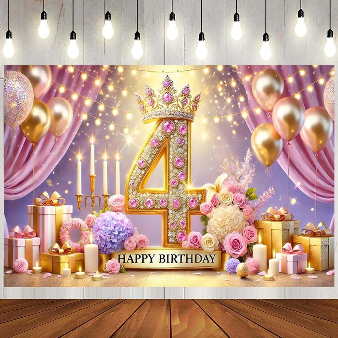 4th Happy Birthday Backdrop Decoration for Girl Princess Happy 4th Birthday Banner Photography Background 4 Year Old Girl Birthday Photo Backdrop with Crown Cake Table Decor ZHTAOYH 6x4ft CUTE019