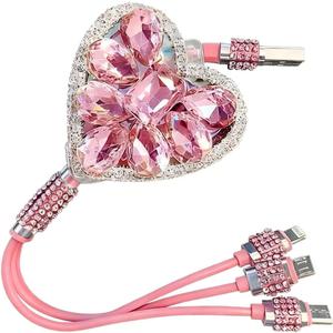 Car Retractable Multi Charging Cable, 3 in 1 Fast Charger Cord, Heart-shaped Diamond-studded Car Charger Cable, Stylish for Women, Compatible with Phone, Tablets (Pink)