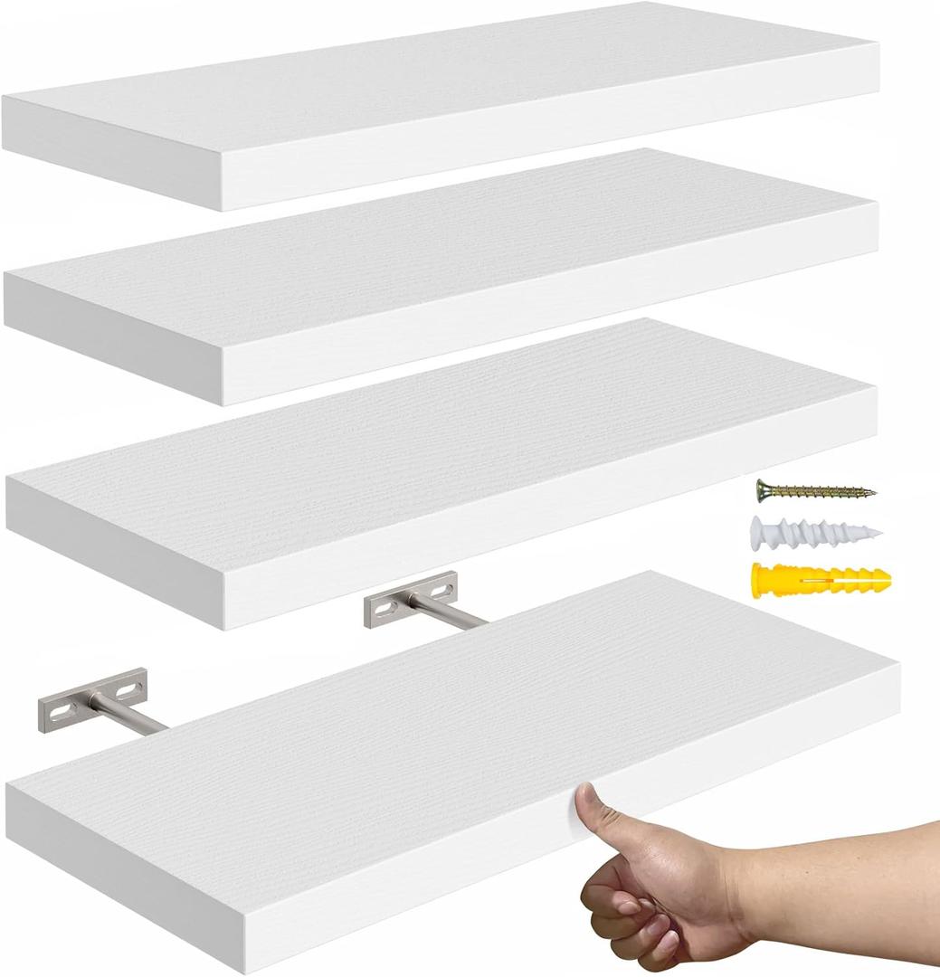 16White Floating Shelves for Wall Set of 4,Rustic Wood Shelf for Room Decor/Storage/Display,Small Bookshelf,Wall Mounted Hanging Shelves for Bedroom, Bathroom, Living Room, Kitchen (16in)