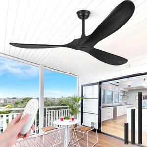 Haipeel 52 Inch Ceiling Fan no Light, Wood Ceiling Fans without Lights with Remote Control, Indoor Outdoor Ceiling Fan for Porch Garage Modern Propeller Black Ceiling Fans 3 Blades, Matte Black