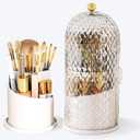 Makeup Brush Holder with Lid, 360 Rotating Multifunction Clear Dustproof Skincare Cosmetic Tools Storage Organizer for Vanity Desktop Bathroom Countertop (White)