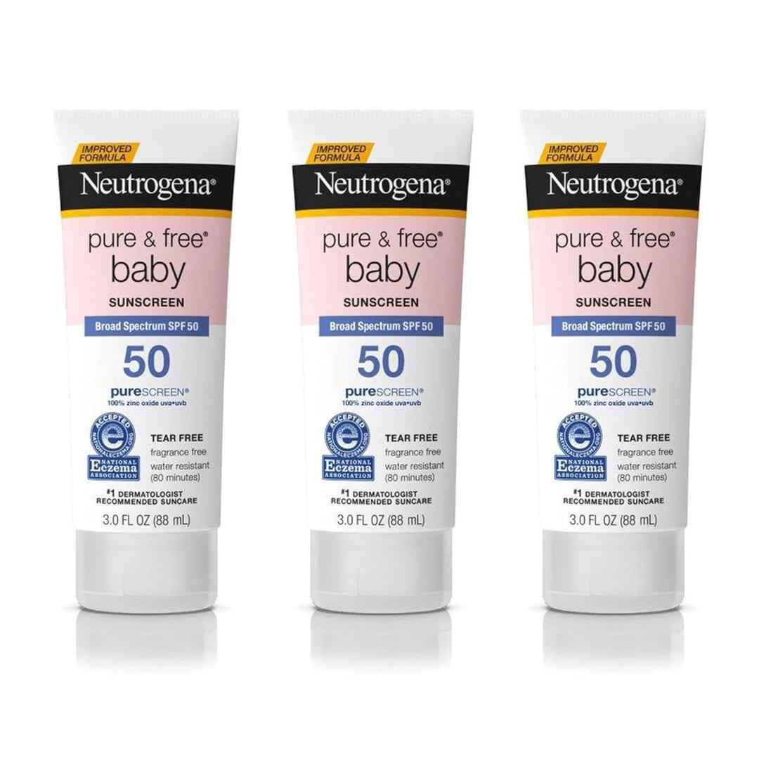 Neutrogena Pure & Free Baby Mineral Sunscreen Lotion with Broad Spectrum SPF 50 & Zinc Oxide, Water-Resistant, Hypoallergenic & Tear-Free Baby Sunscreen, Paraben-Free, Dye-Free, 3 fl. oz, 3 Pack