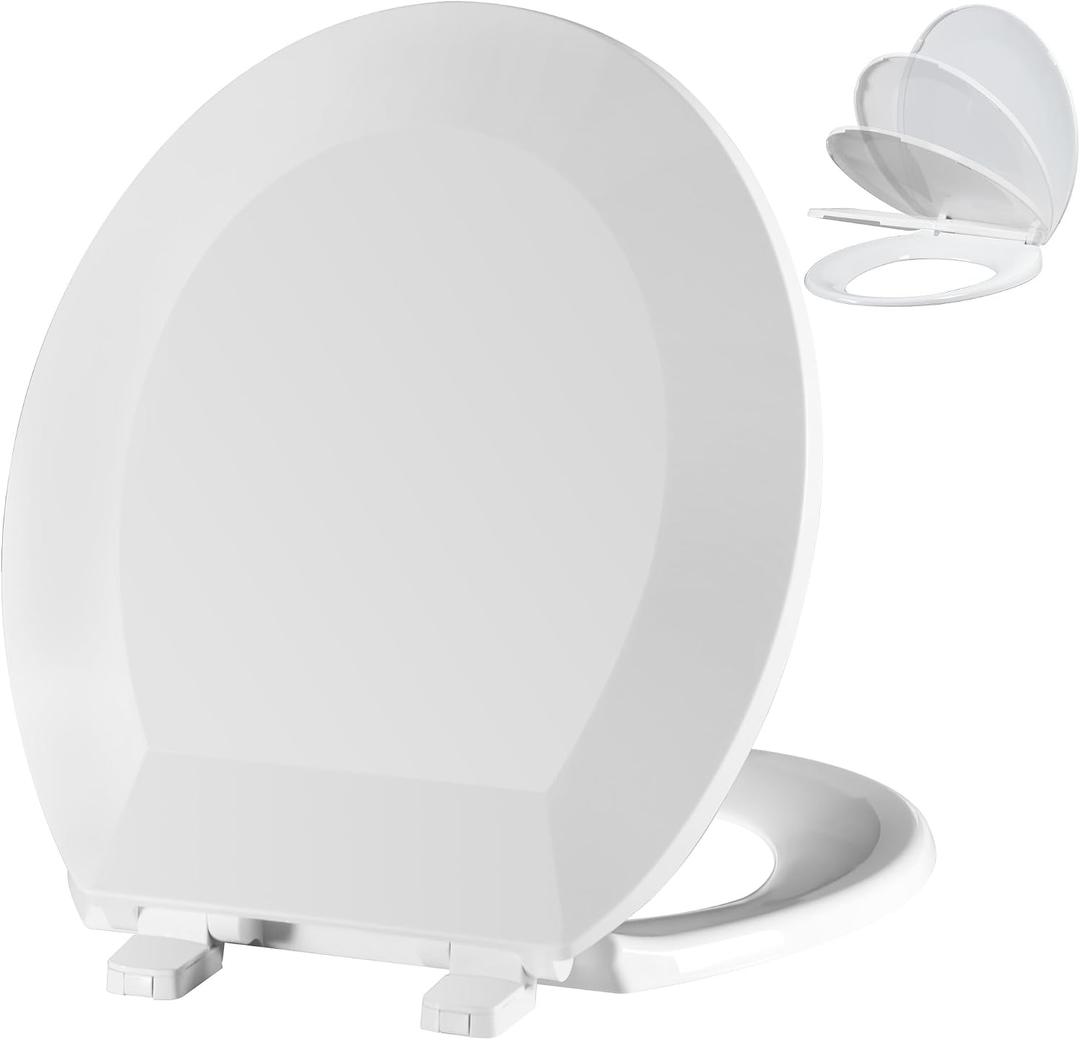 Angol Shiold Round Toilet Seat - Slow Close Hinges, Ergonomic Design with Grip-Tight Bumpers, Safe Easy-Clean PP Material (White, 16.5" Round)