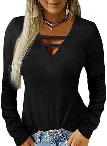 Hilinker Womens Sexy Cut Out Tops Long Sleeve V Neck T Shirts Casual Loose Tee Black Small S