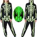 PARTISKY Adult Onesie Skeleton Costume Women & Men, Glow in the Dark Halloween Skeleton Jumpsuit with Zipper Hooded, XL