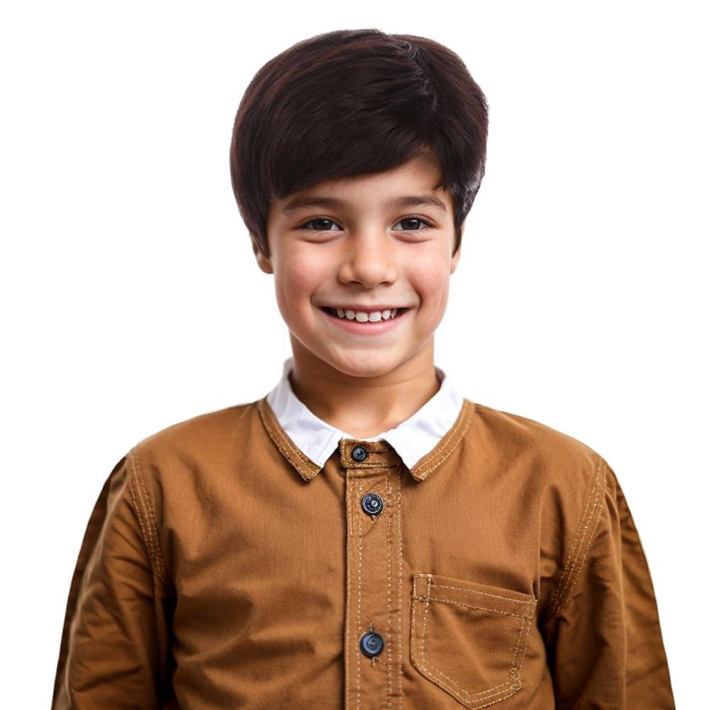 Kids Brown Wig Boys Short Brown Straight Wig Dark Brown Hair for Child Heat Resistant Synthetic Hair with Cap