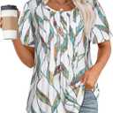 Womens T Shirts Short Sleeve Tops Dressy Casual Blouses Pleated Front Summer Outfits 2026 (Medium, Colorful Leaves)